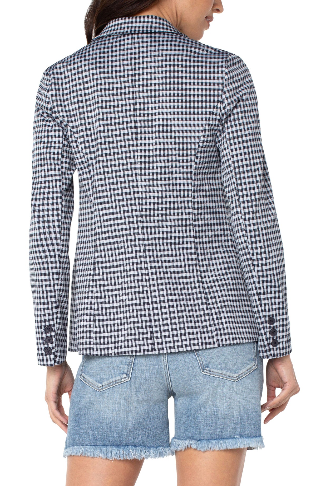 Fitted Notch Collar Printed Blazer Navy + White Gingham