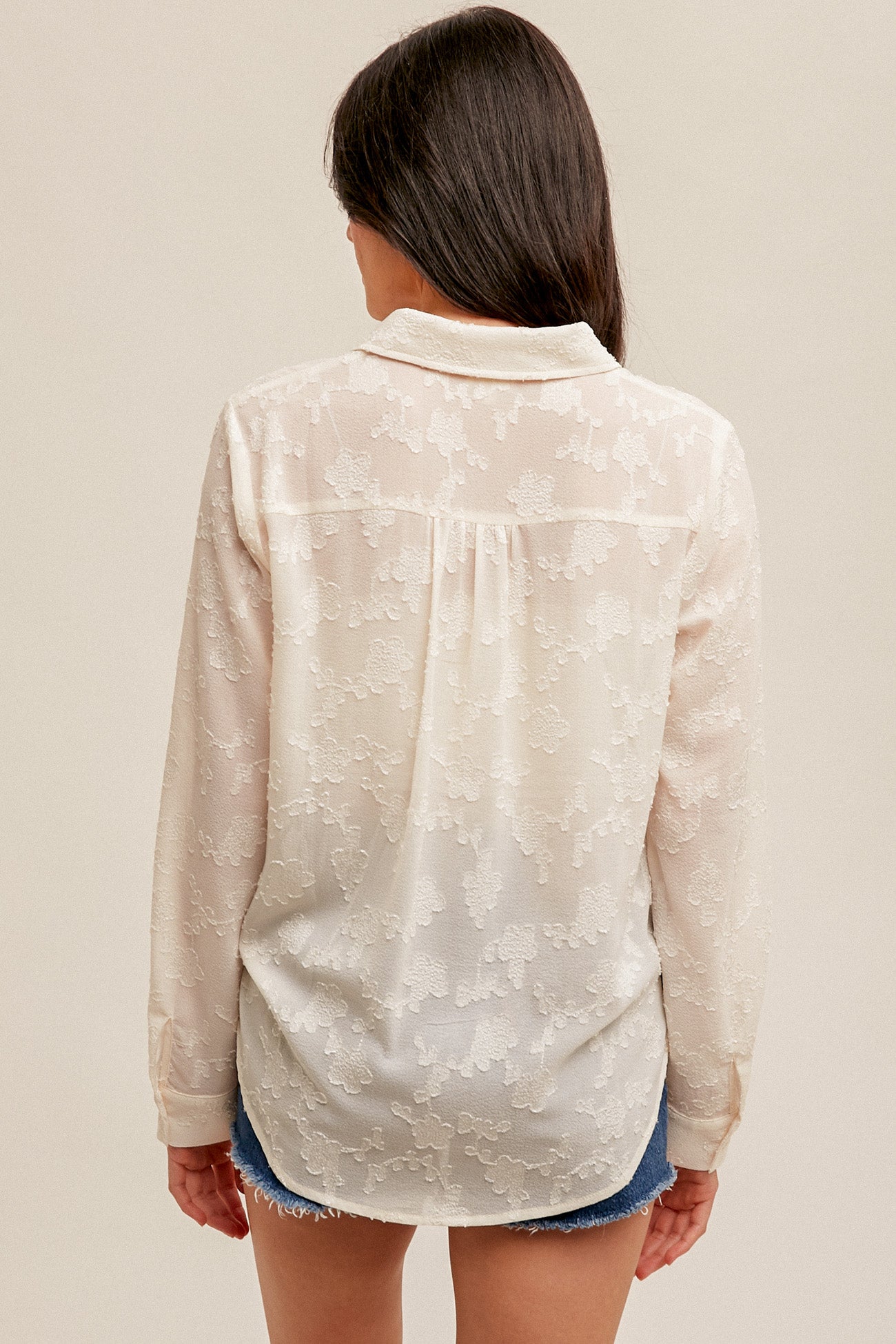 Tie Waist Chiffon Jacquard Button Down Blouse Cream