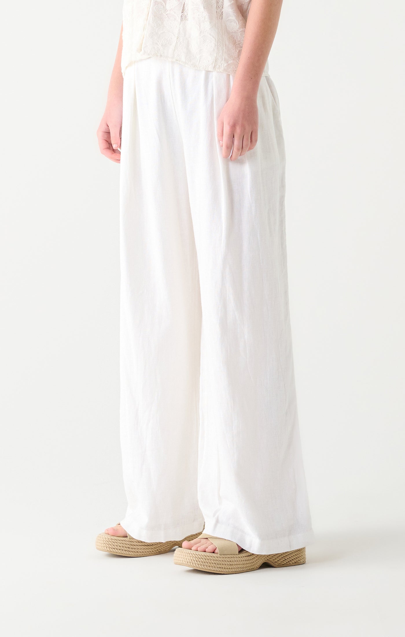 High Waist Elastic Waist Wide Leg Pants White