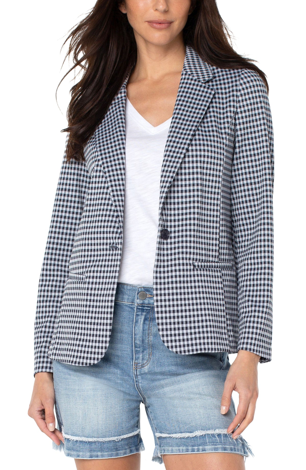 Fitted Notch Collar Printed Blazer Navy + White Gingham