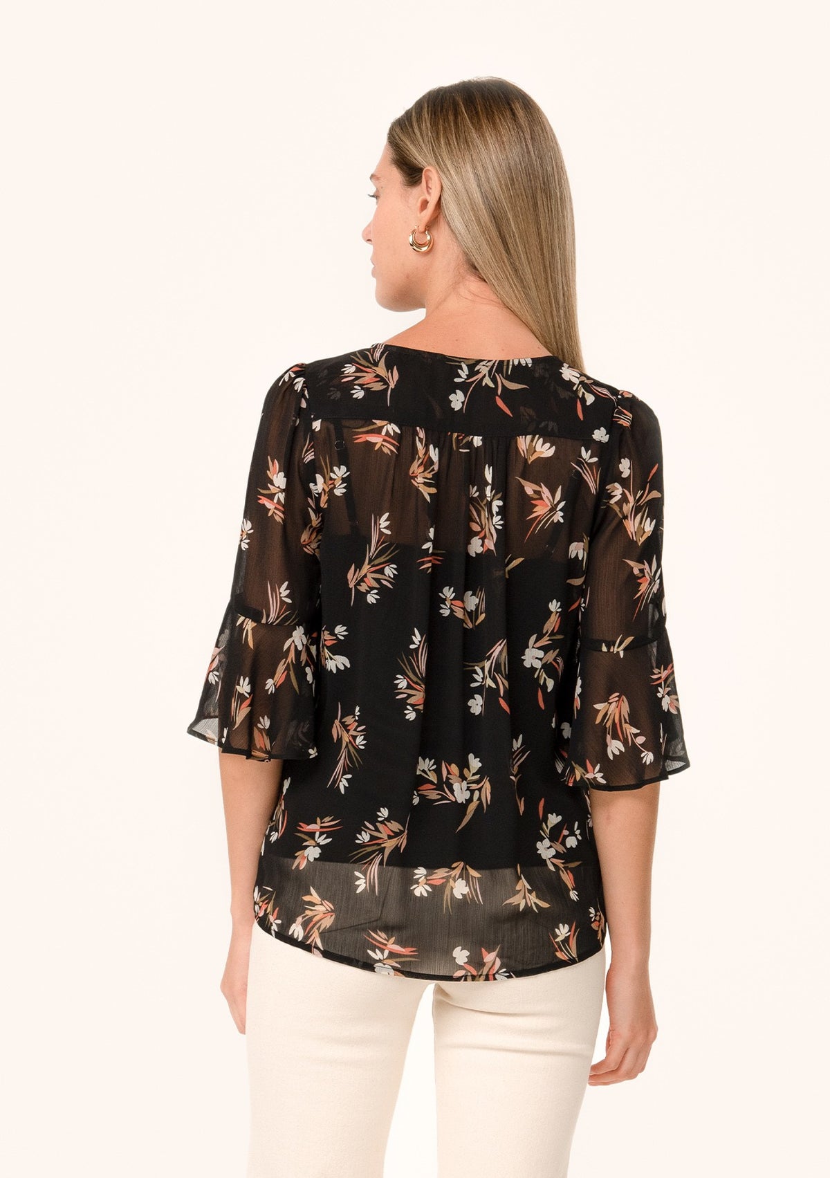 Sheer Floral Half Flutter Sleeve Buttons Blouse Black + Peach