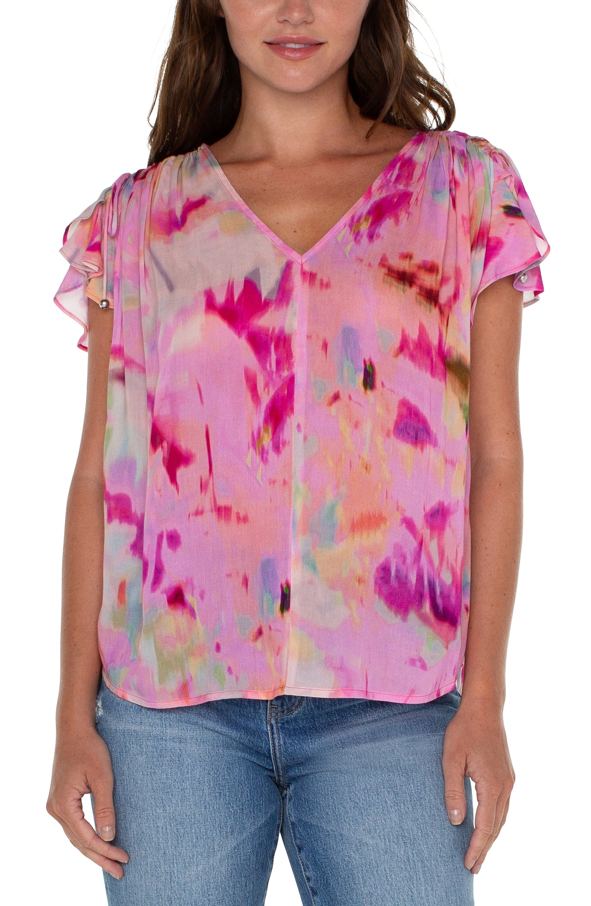 Shirred V Neck Flutter Dolman Tie Sleeve Top Fuchsia Watercolor