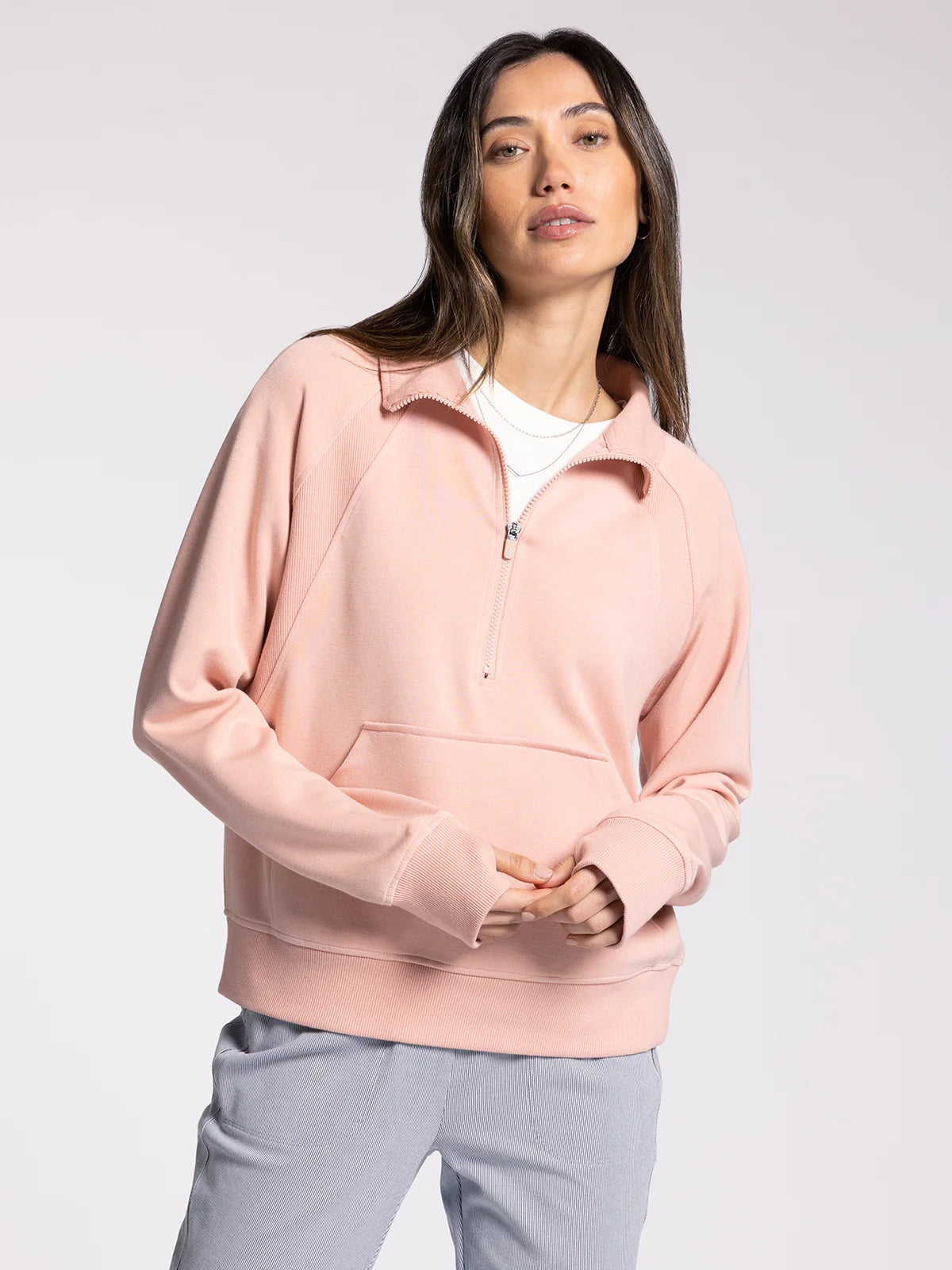 Angie Lux Zip Collared Pullover Dusty Peach