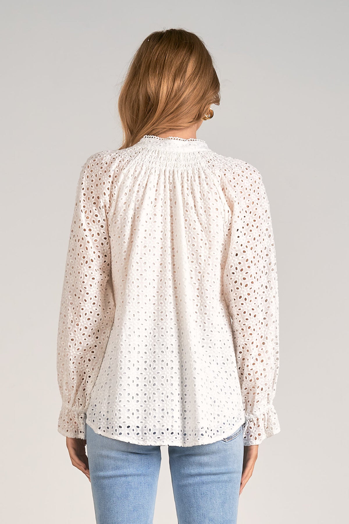 Scallop V Neck Eyelet Lace Blouse White