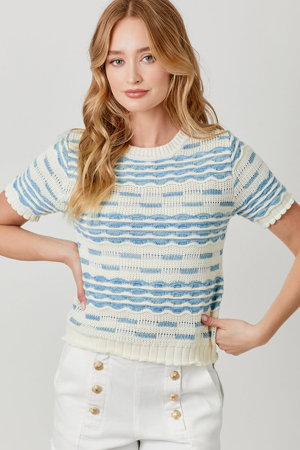 Scallop Ribbed Short Sleeve Sweater Ivory + Blue