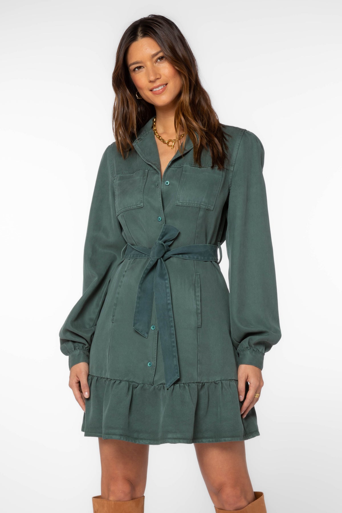 Bethenny Ruffle Hem Belted Shirt Dress Dark Green