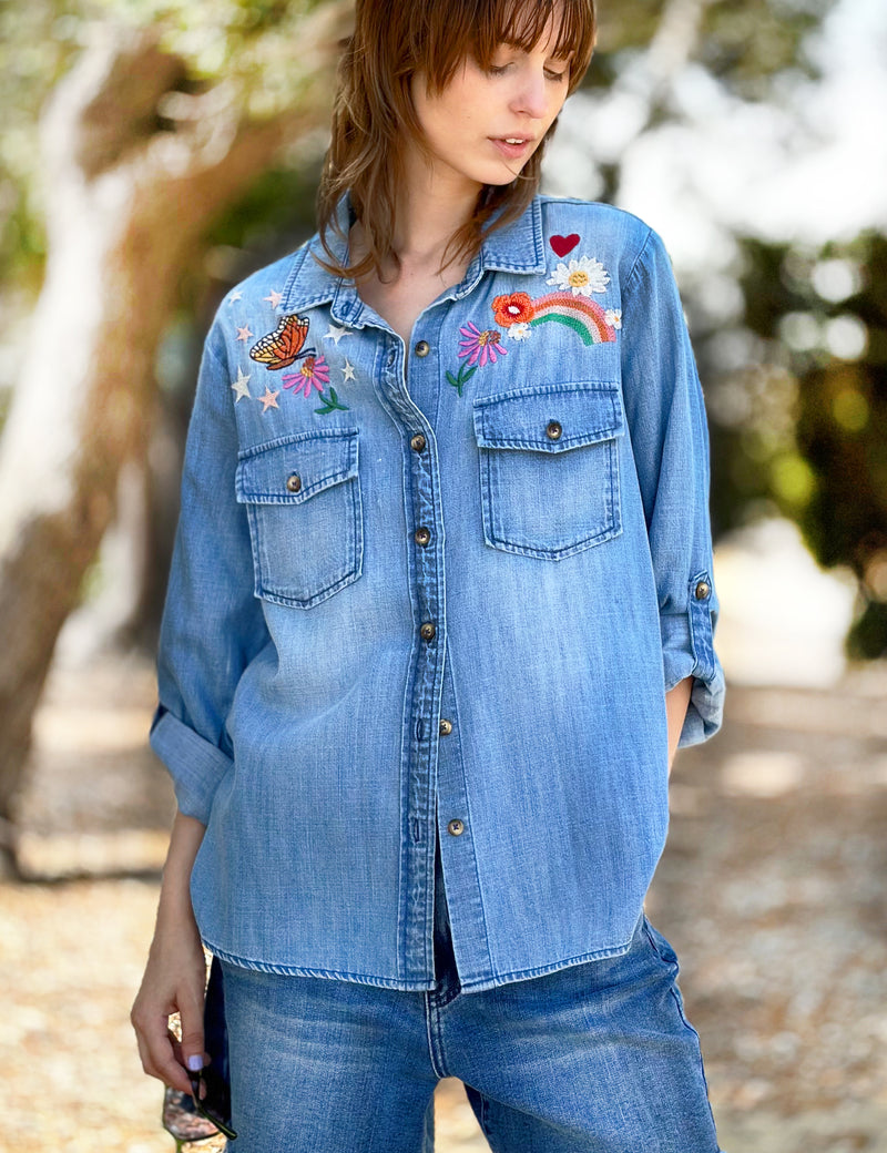Happy Place Button Down Shirt Denim
