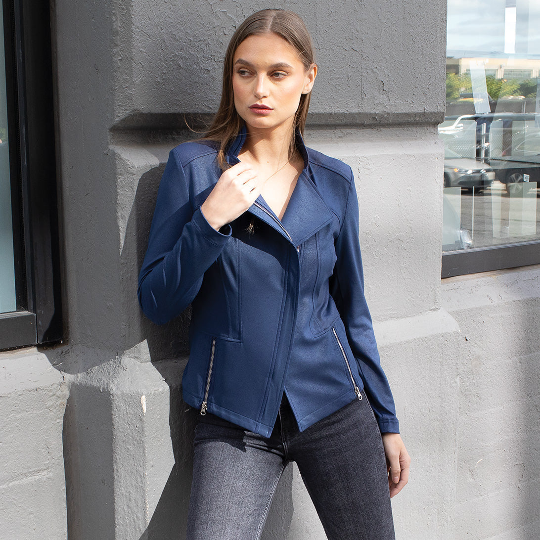 Classic Leather Knit Moto Jacket Navy