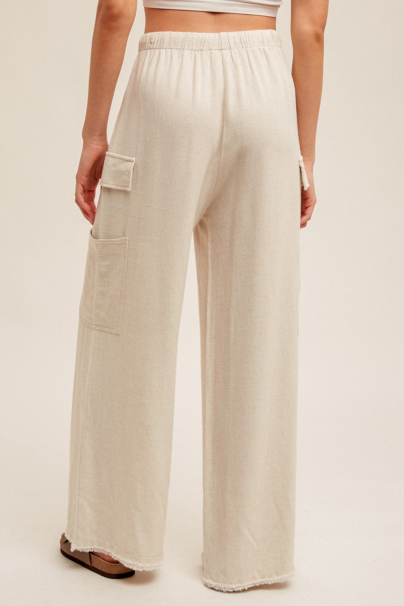 Cargo Pocket Side Fringe Hem Linen Pants Ecru