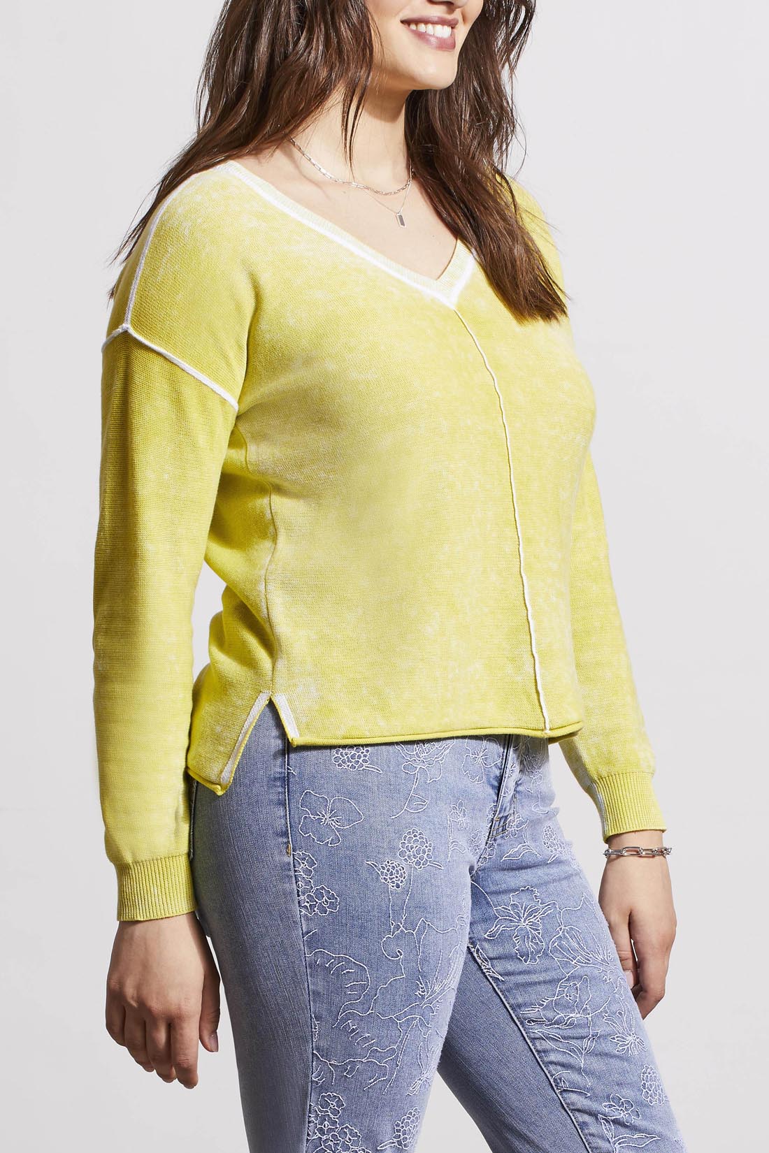 Washed Vneck Exposed Seam Sweater Top Apple Green