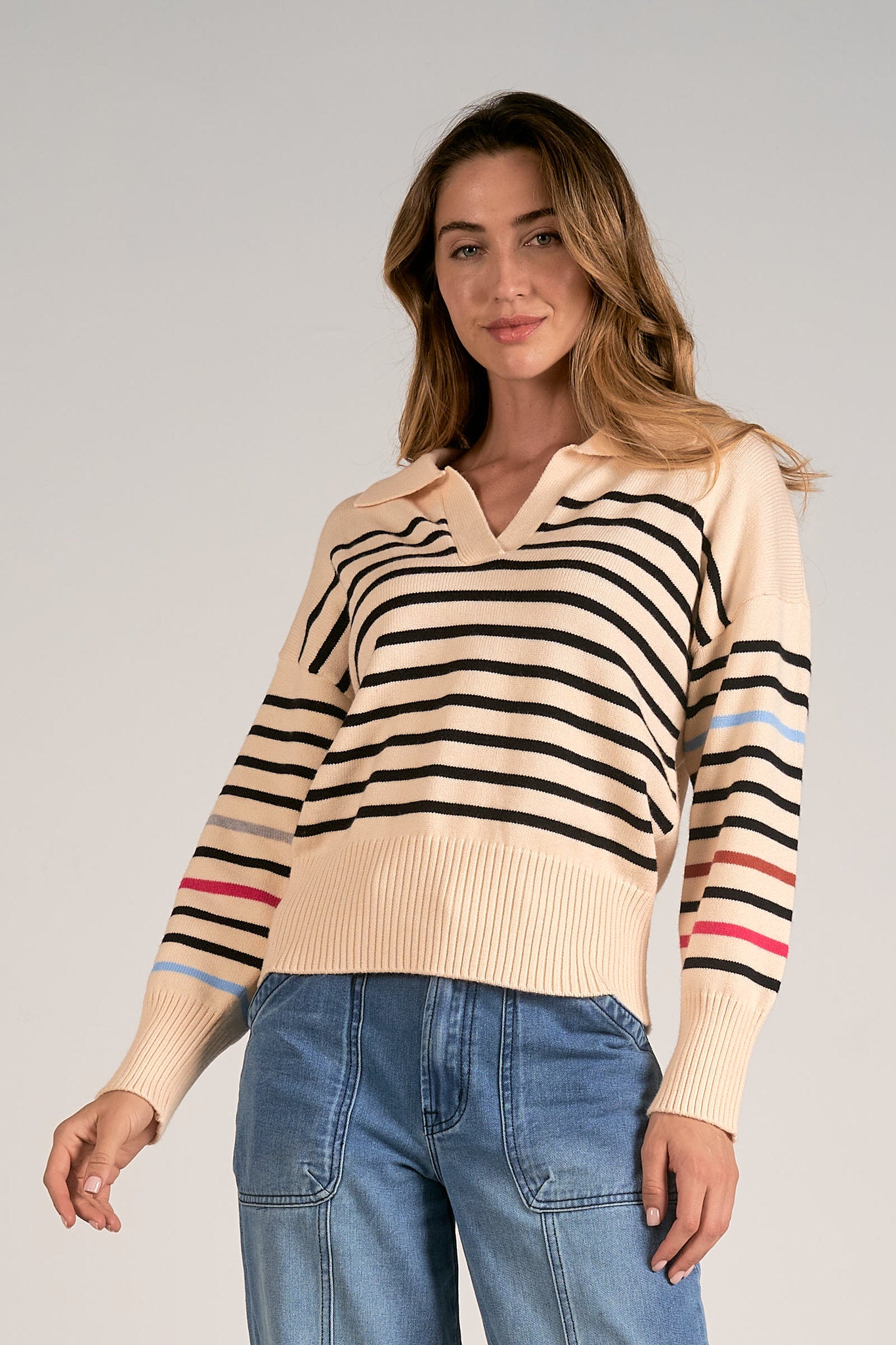 Multi Stripe Collared Sweater Beige