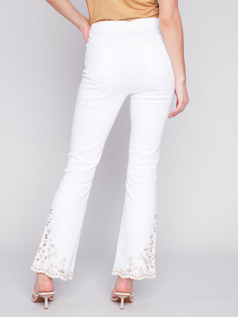 Embroidered Boot Cut Pants White