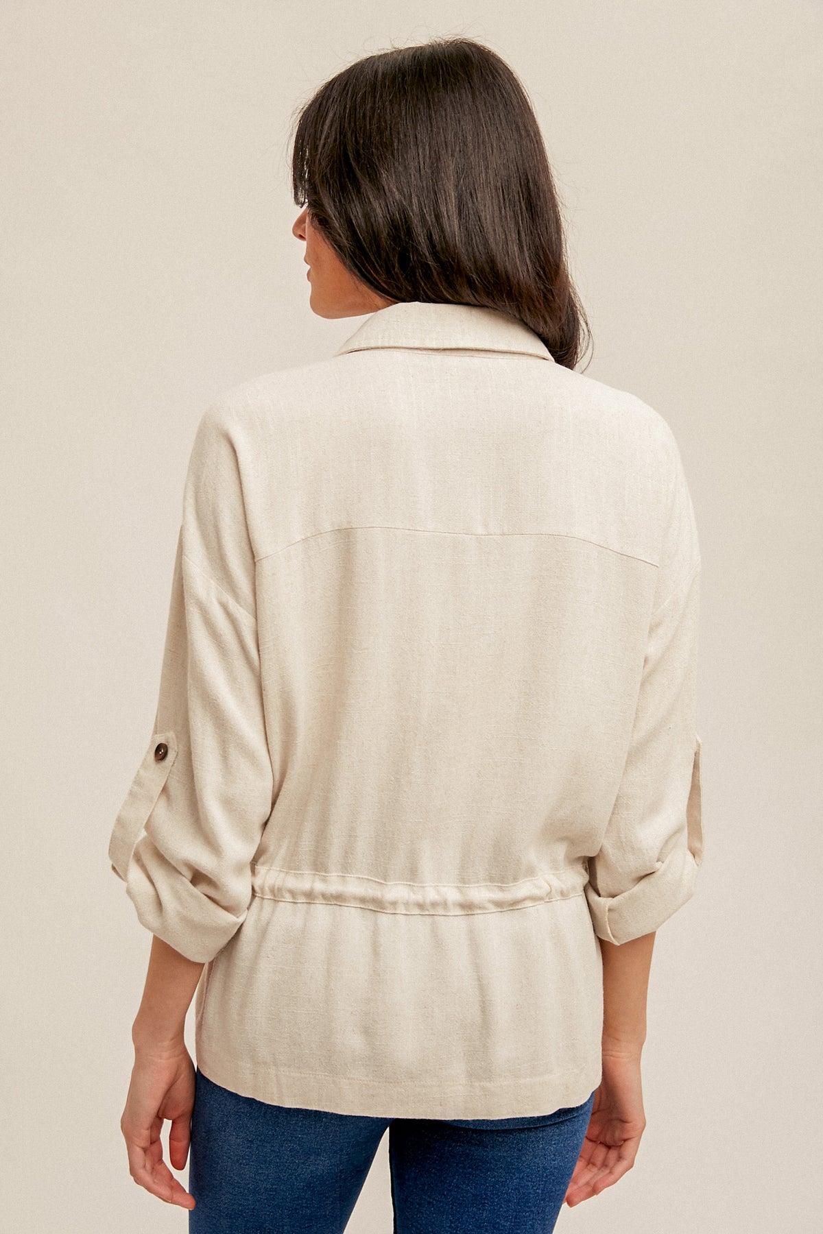 Drawstring Waist Buttoned Tab Sleeve Jacket Oatmeal