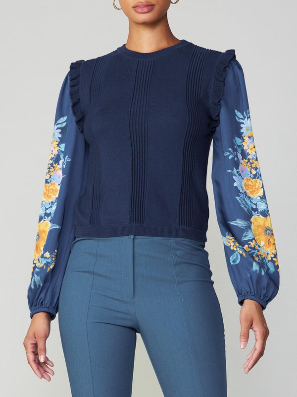 Floral Balloon Sleeve Ruffle Shoulder Knit Top Navy Floral
