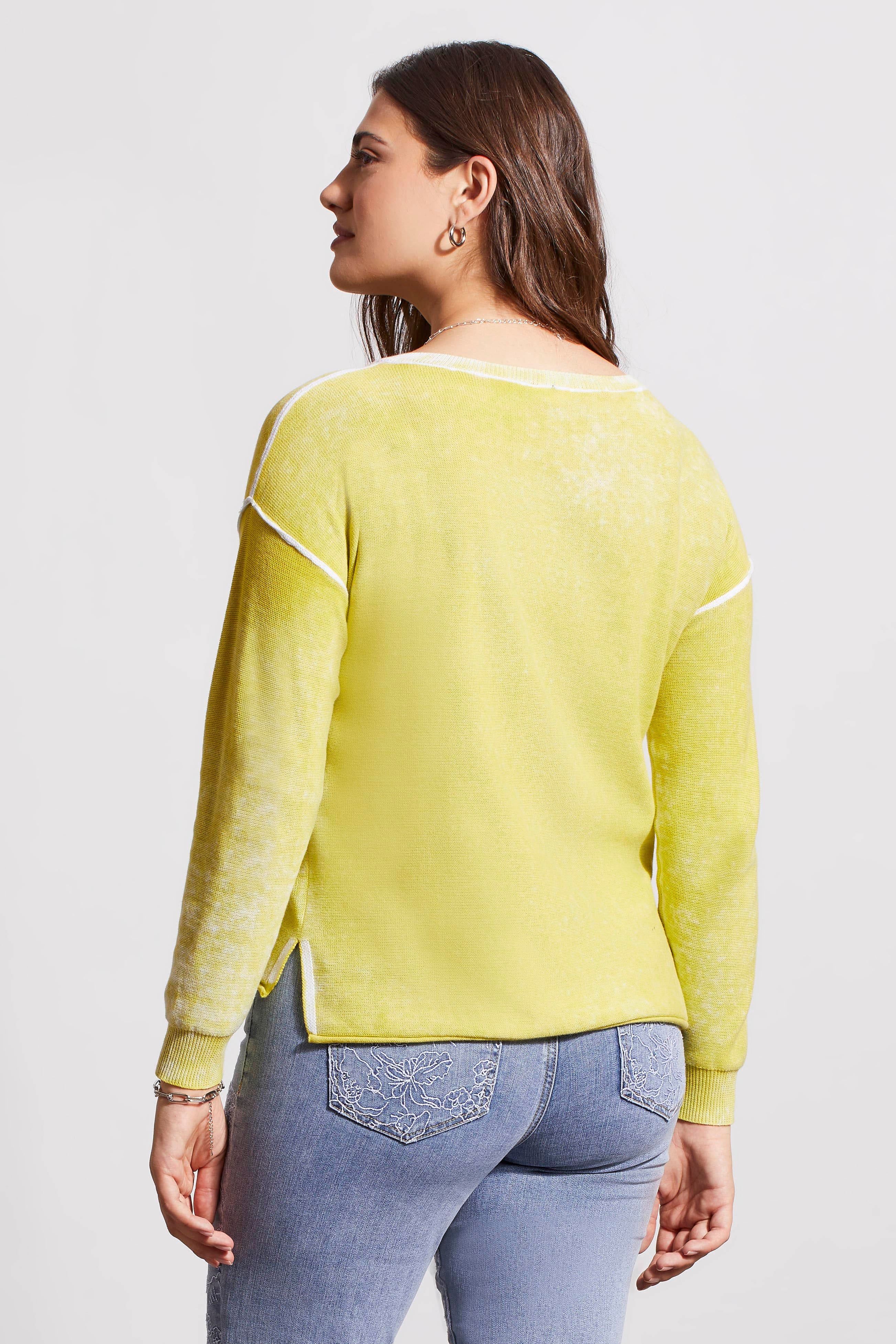 Washed Vneck Exposed Seam Sweater Top Apple Green