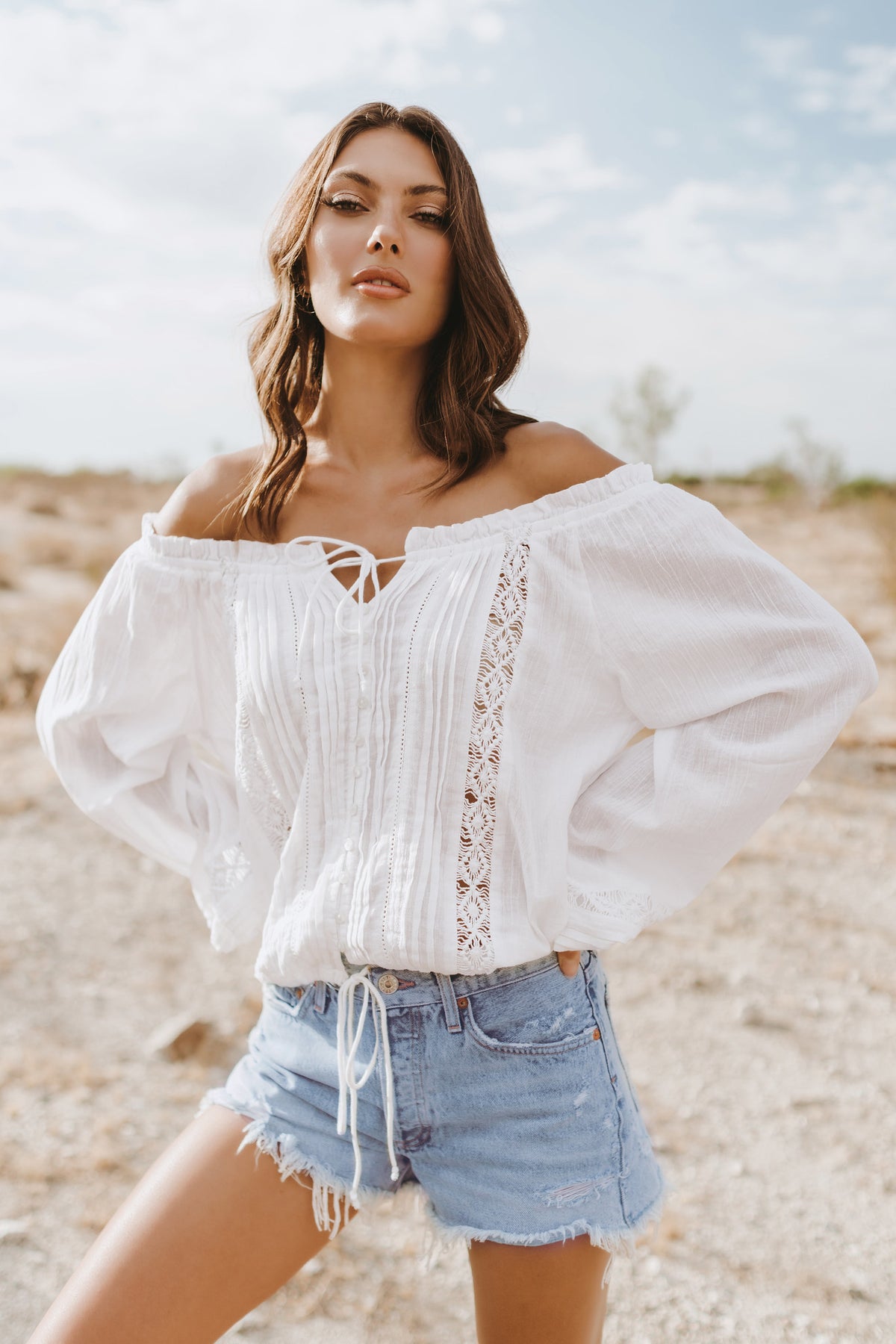 Crochet Piping Tied Vneck Long Sleeve Blouse White