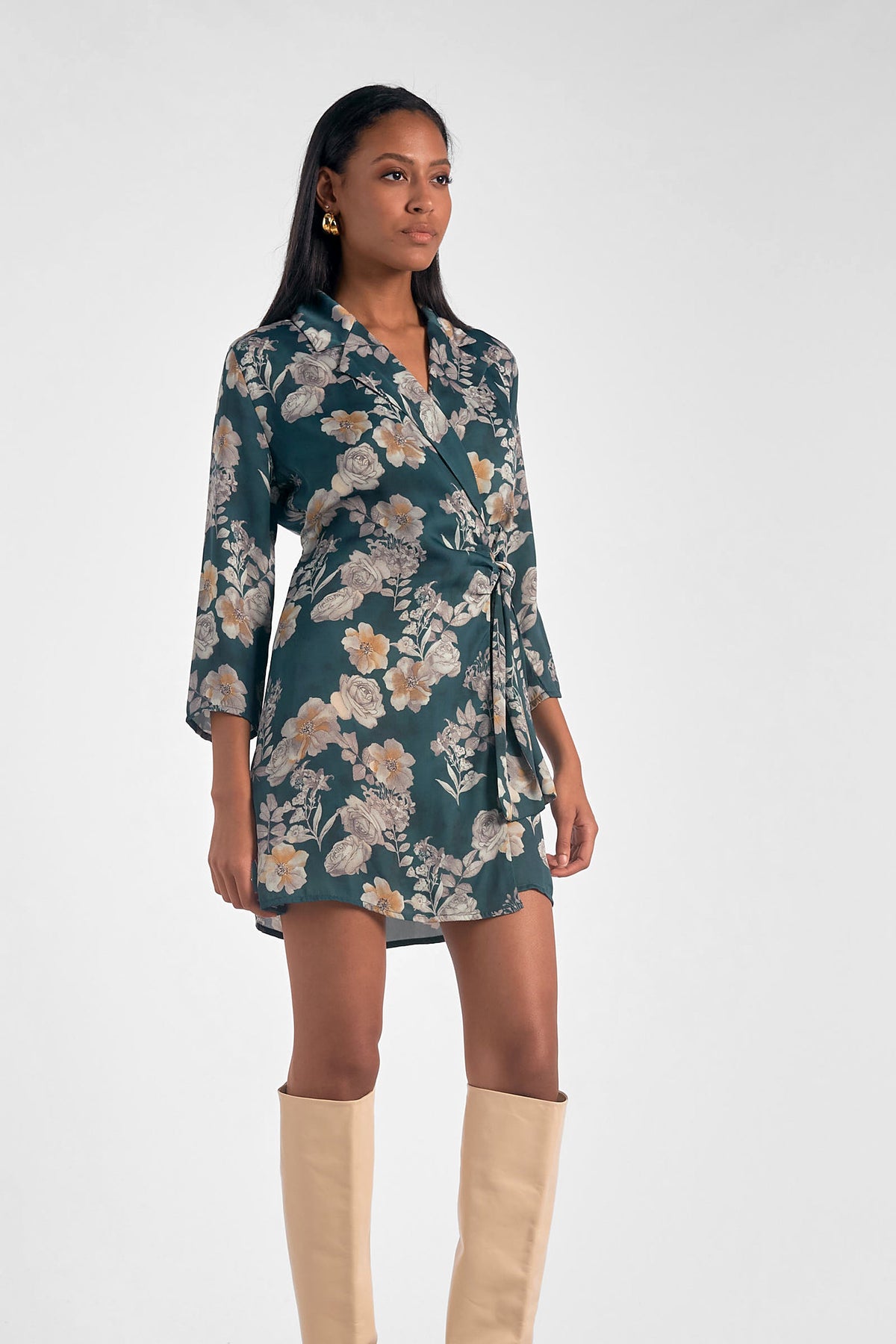 Belted Wrap Collared Long Sleeve Dress Green Floral