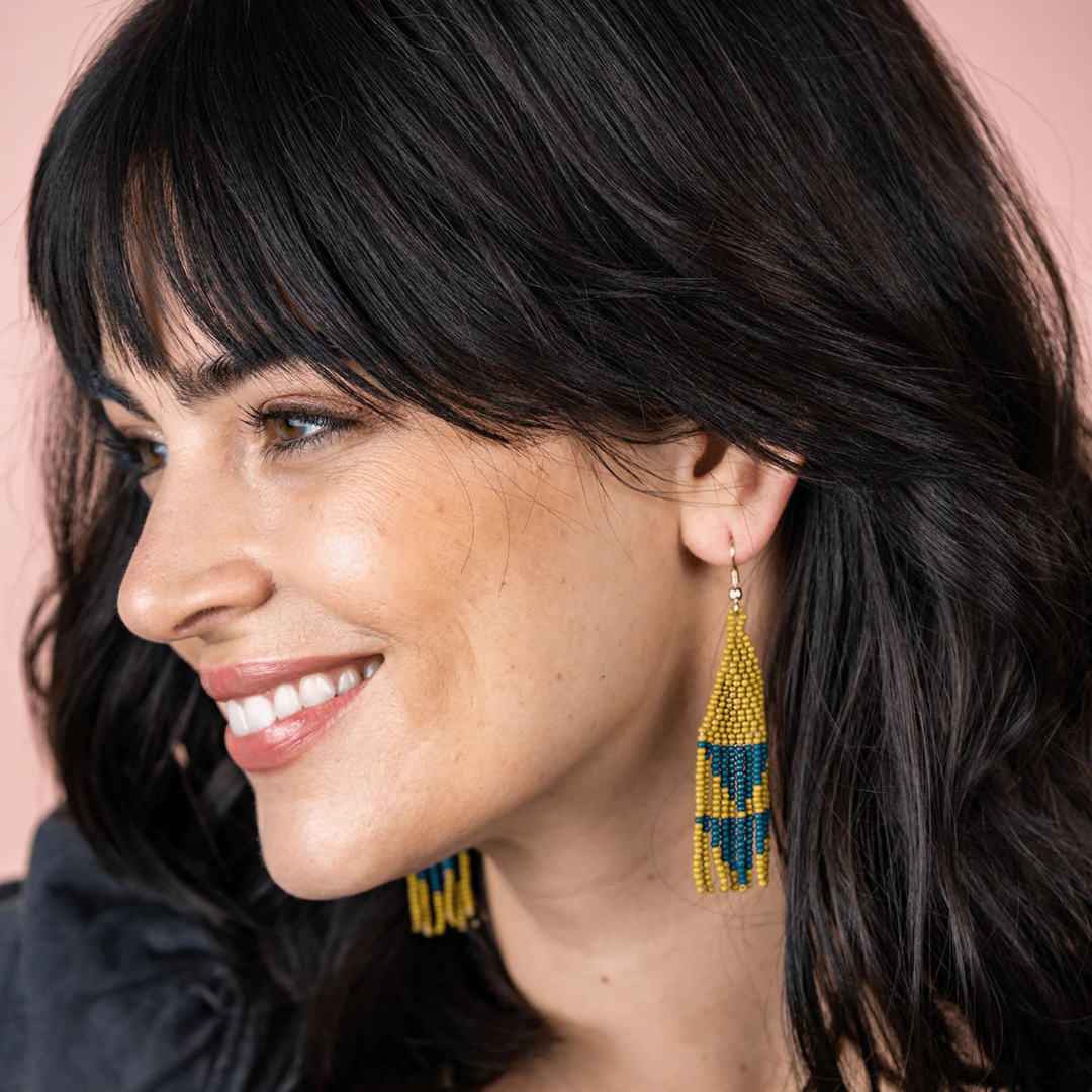 Lennon Two Triangles Beaded Earrings Citron + Peacock