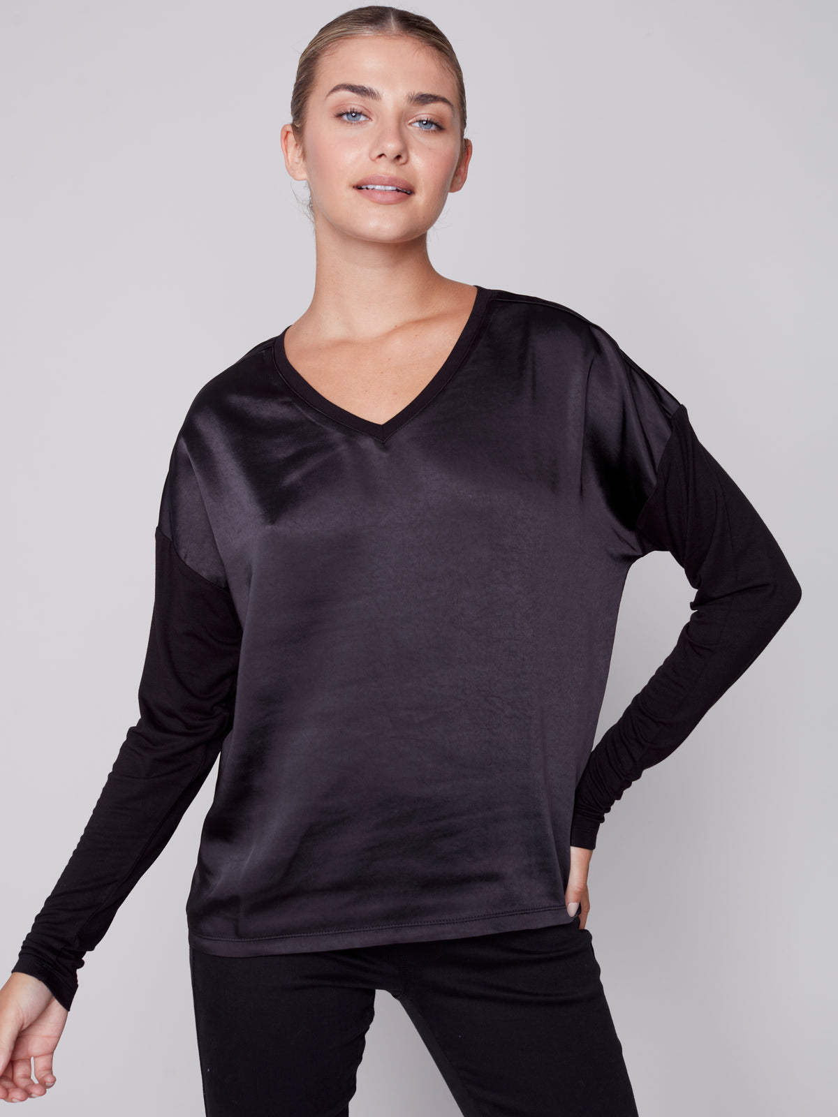 Satin Contrast Knit Top Black