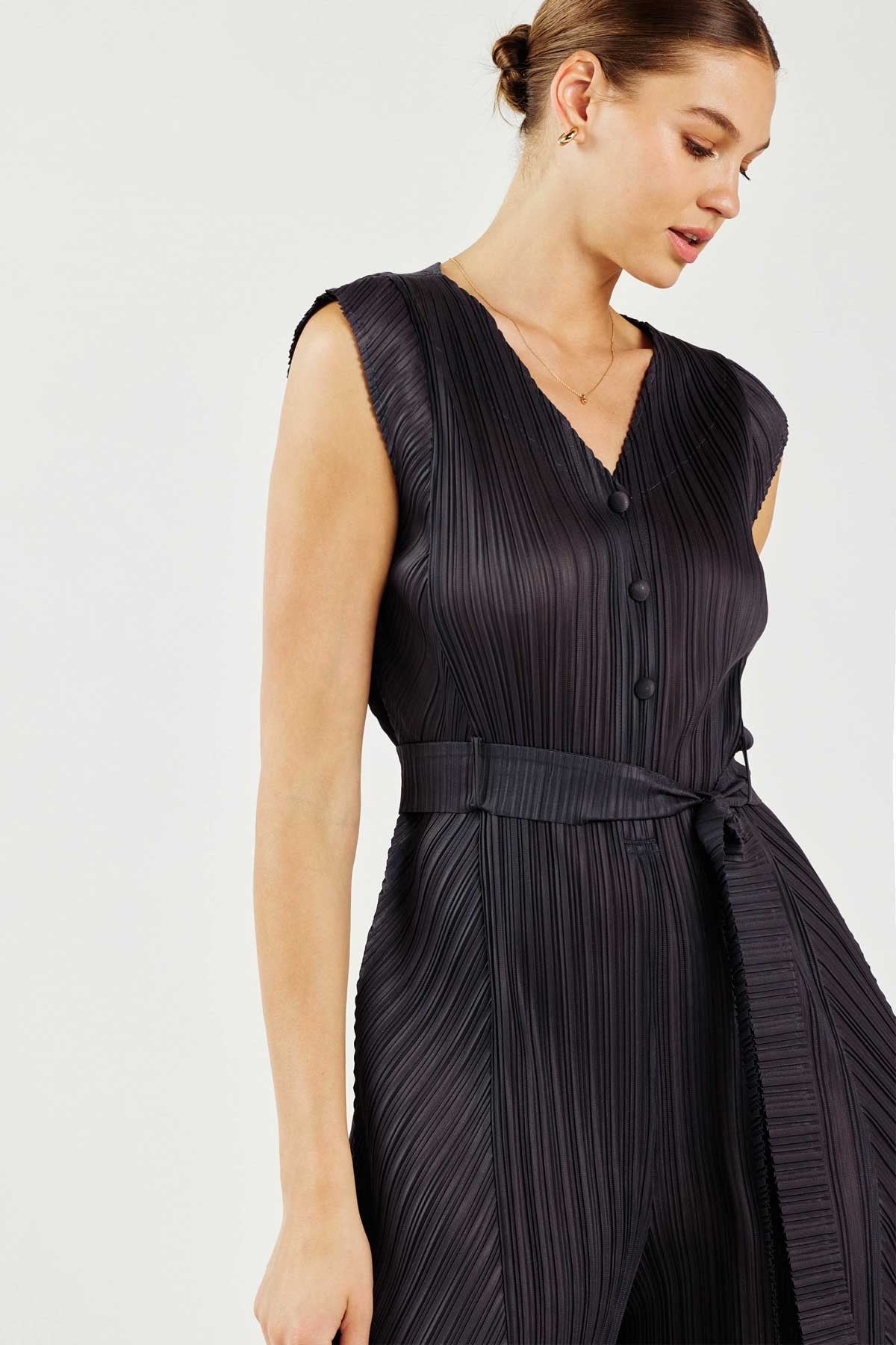 Mixed Pleated Button Detail Tie Belt Jumpsuit Grey