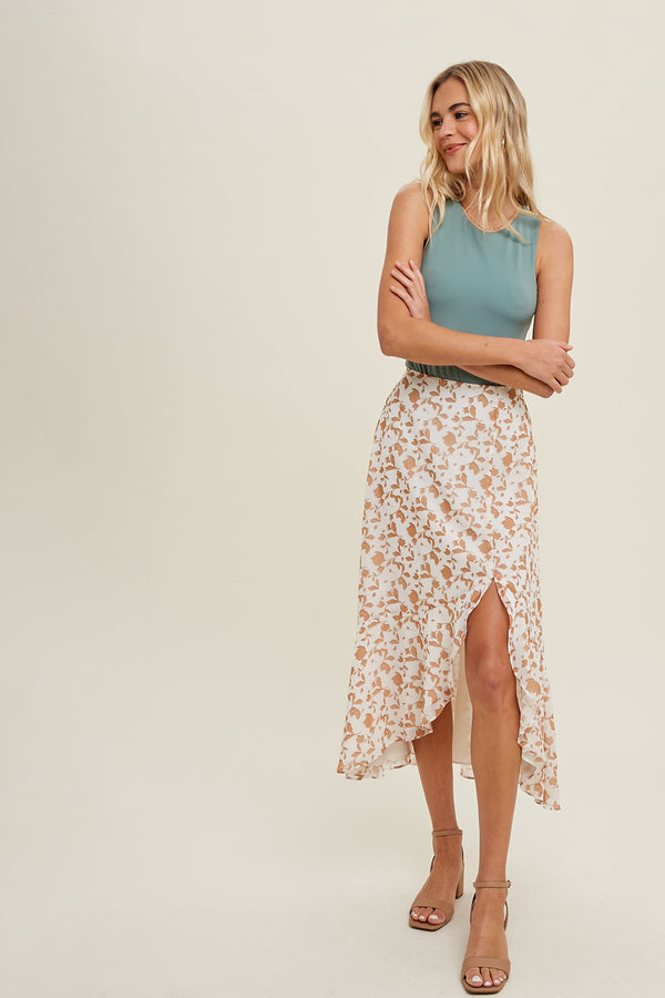 Floral Asymmetric Ruffle Hem Skirt