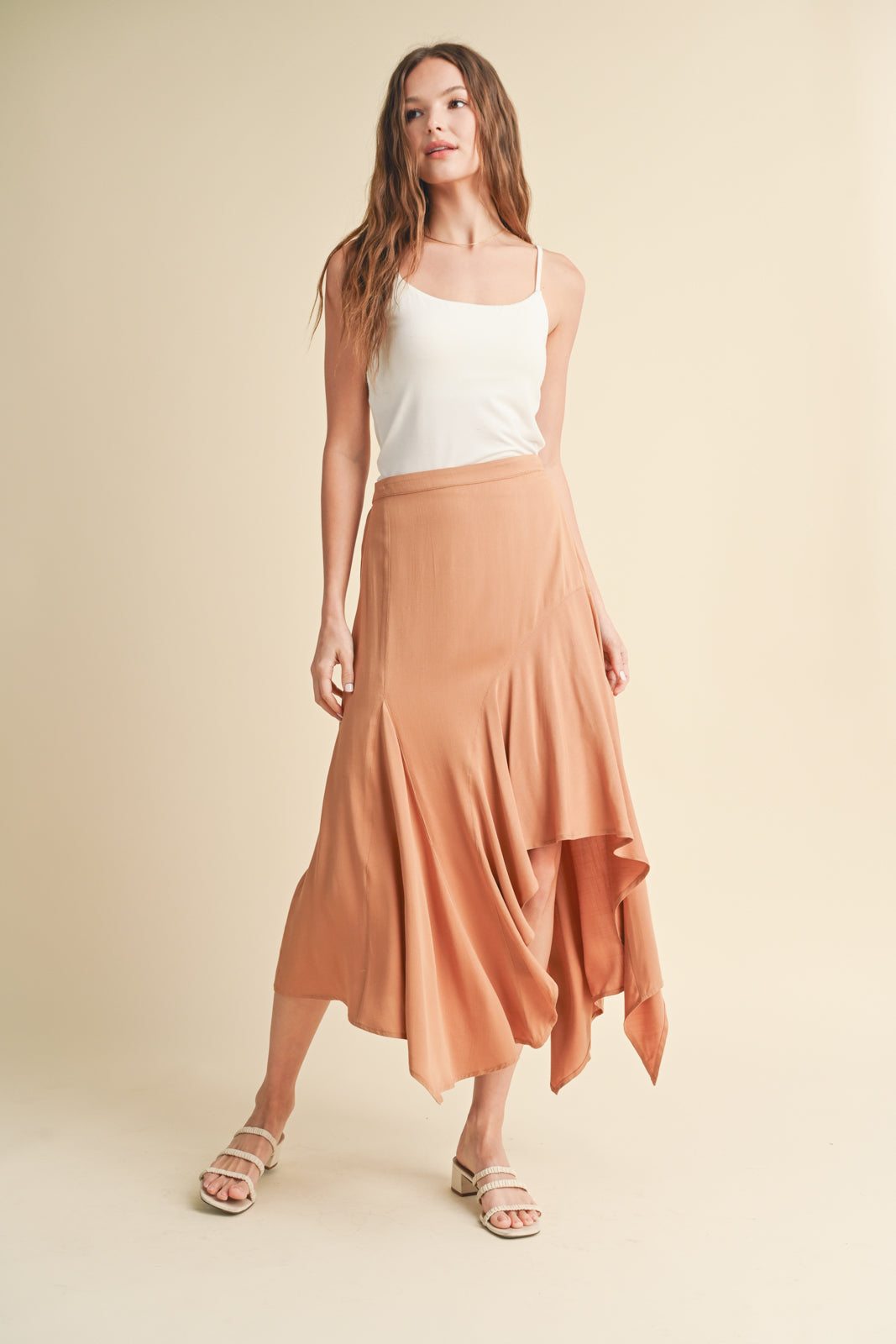 High Low Asymmetric Hem Skirt Camel