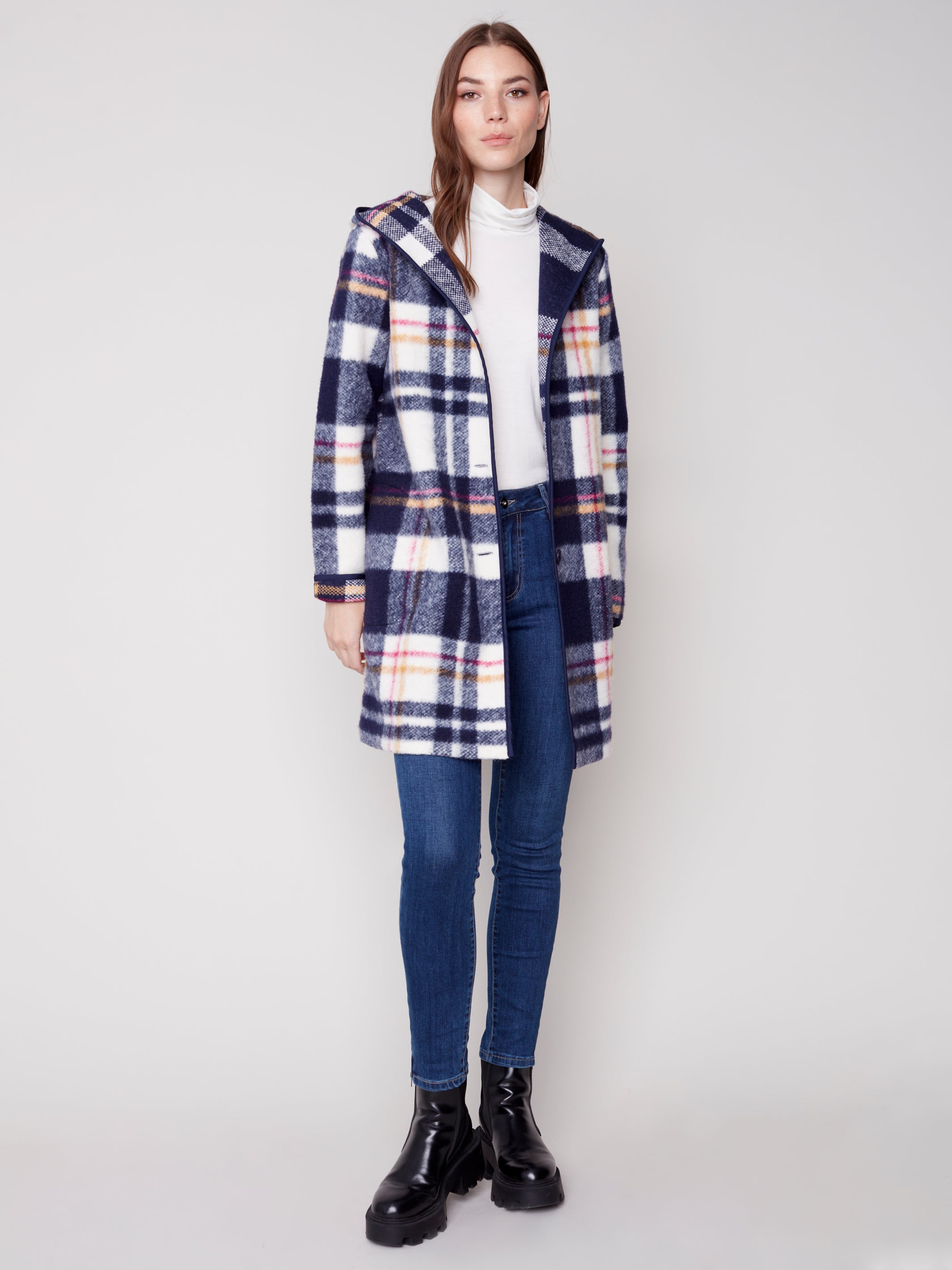 Hooded Button Front Boiled Wool Plaid Jacket Navy