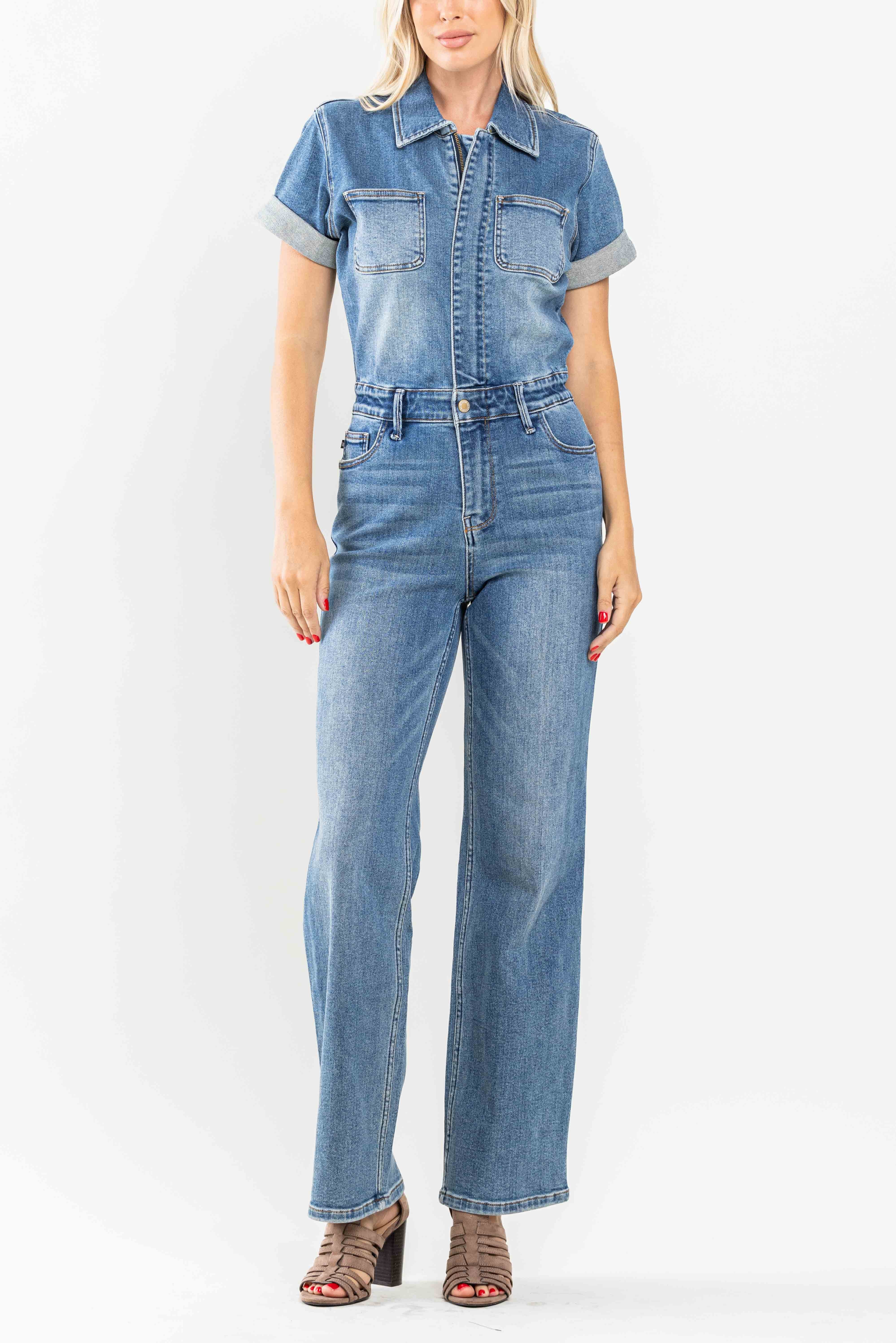 High Waist Straight Leg Denim Short Sleeve Jumpsuit Medium