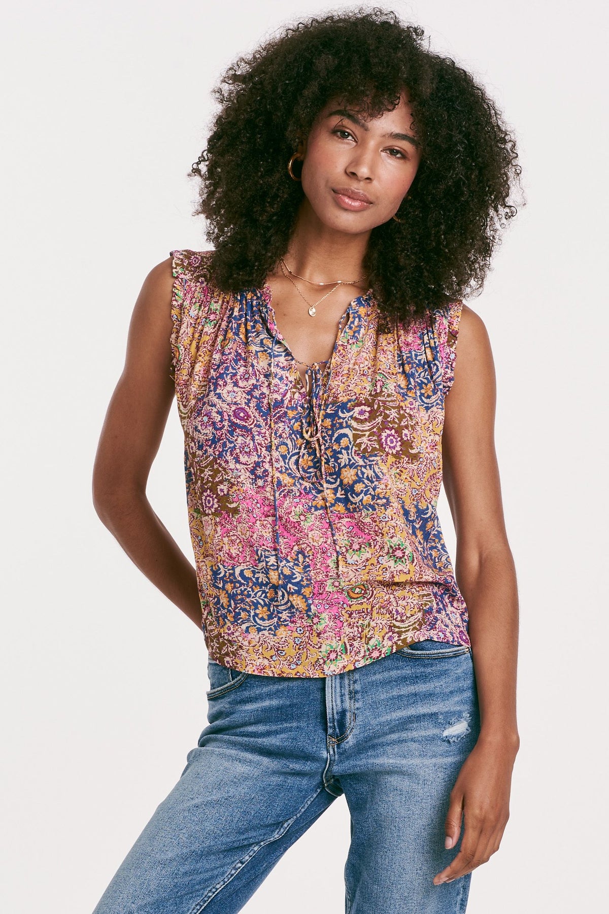 Cozumel Tie Front Ruffle Tank Carmel Meadow