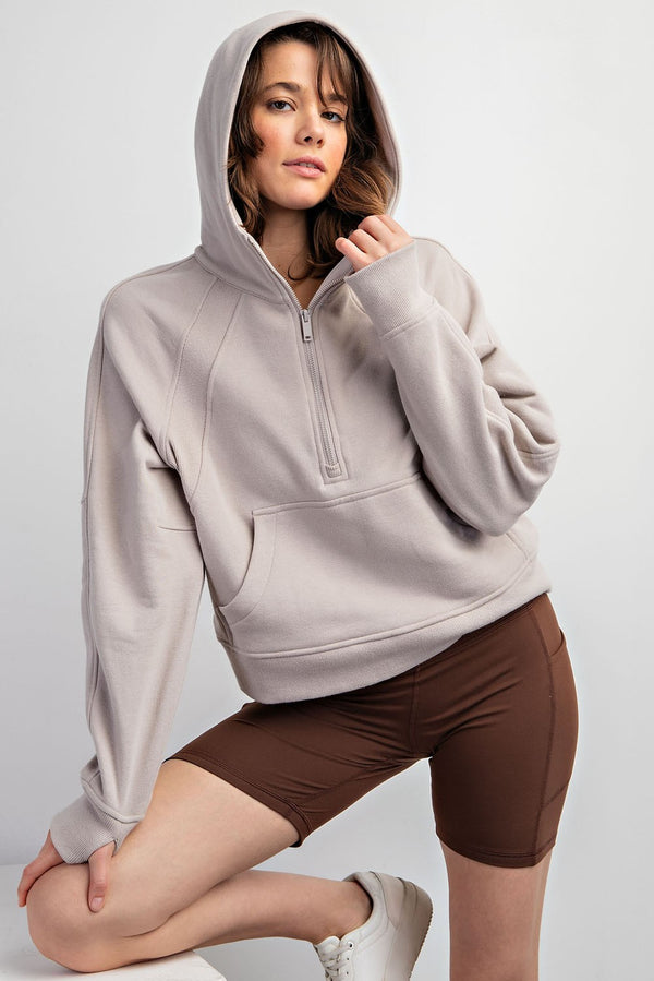 French Terry Cropped Quarter Zip Hoodie Light Taupe