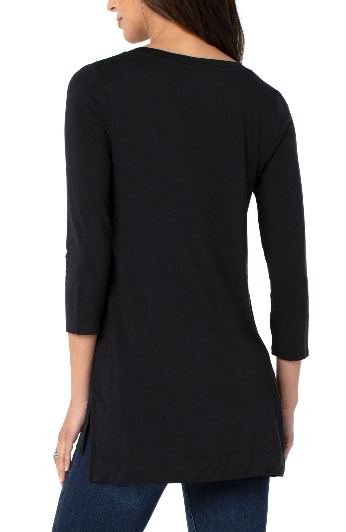 Side Slit Vneck 3/4 Sleeve Top Black
