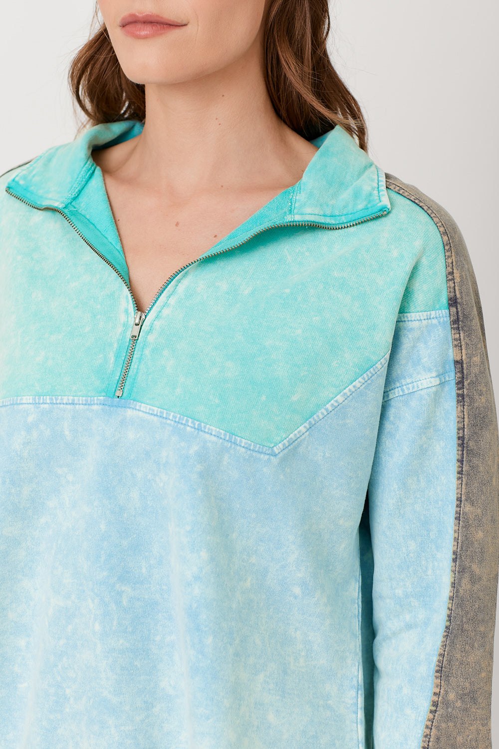 Colorblocked Terry Half Zip Pullover Washed Blue Mix