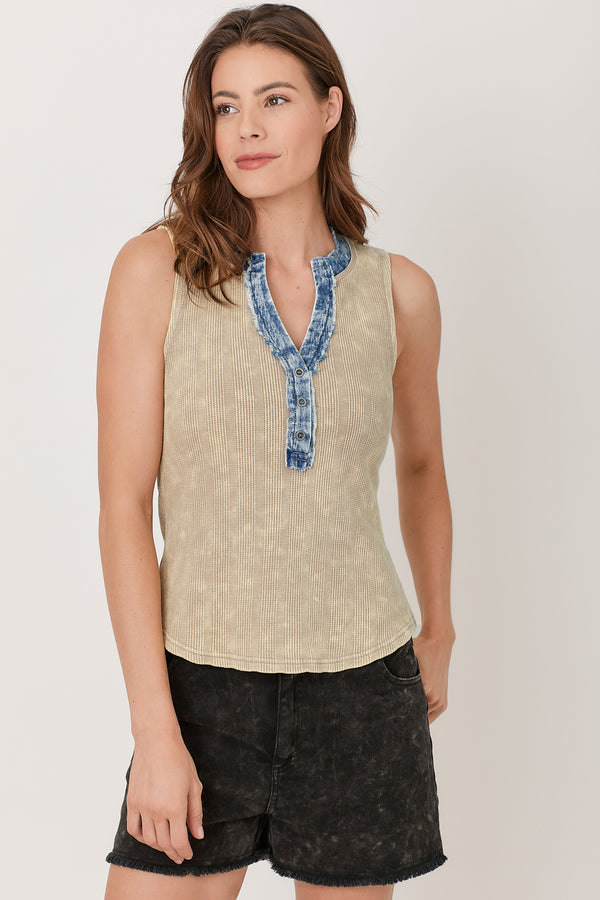 Washed Thermal Sleeveless Henley Top Sand