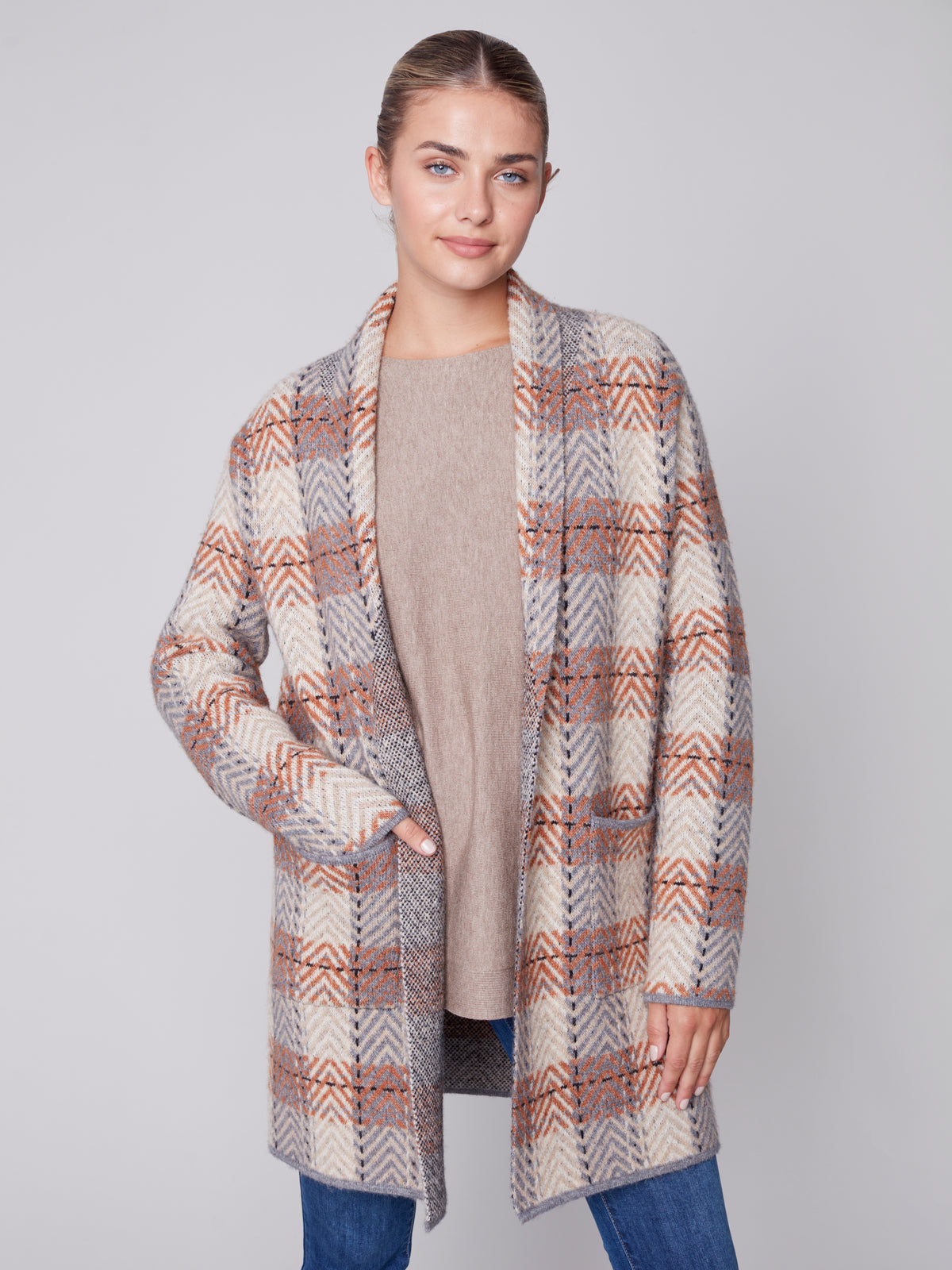 Collared Single Button Plaid Cardi Truffle