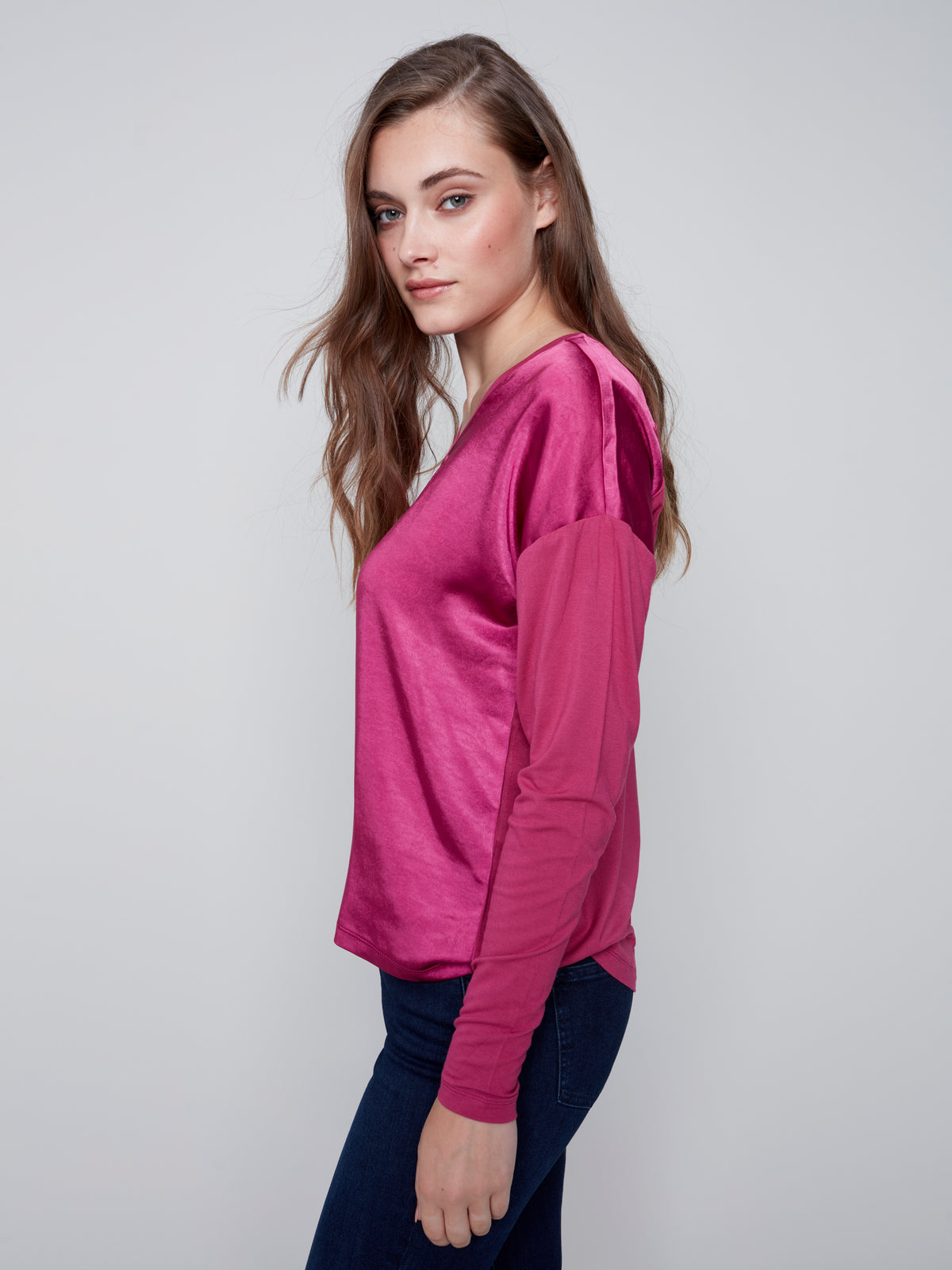 Satin Contrast Knit Top Amethyst