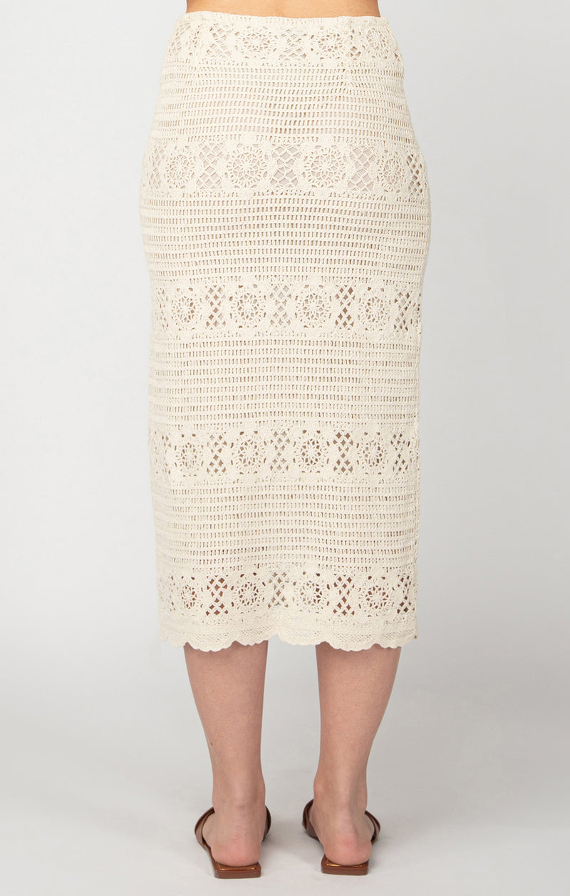 Scallop Hem Crochet Elastic Waist Midi Skirt Oatmeal