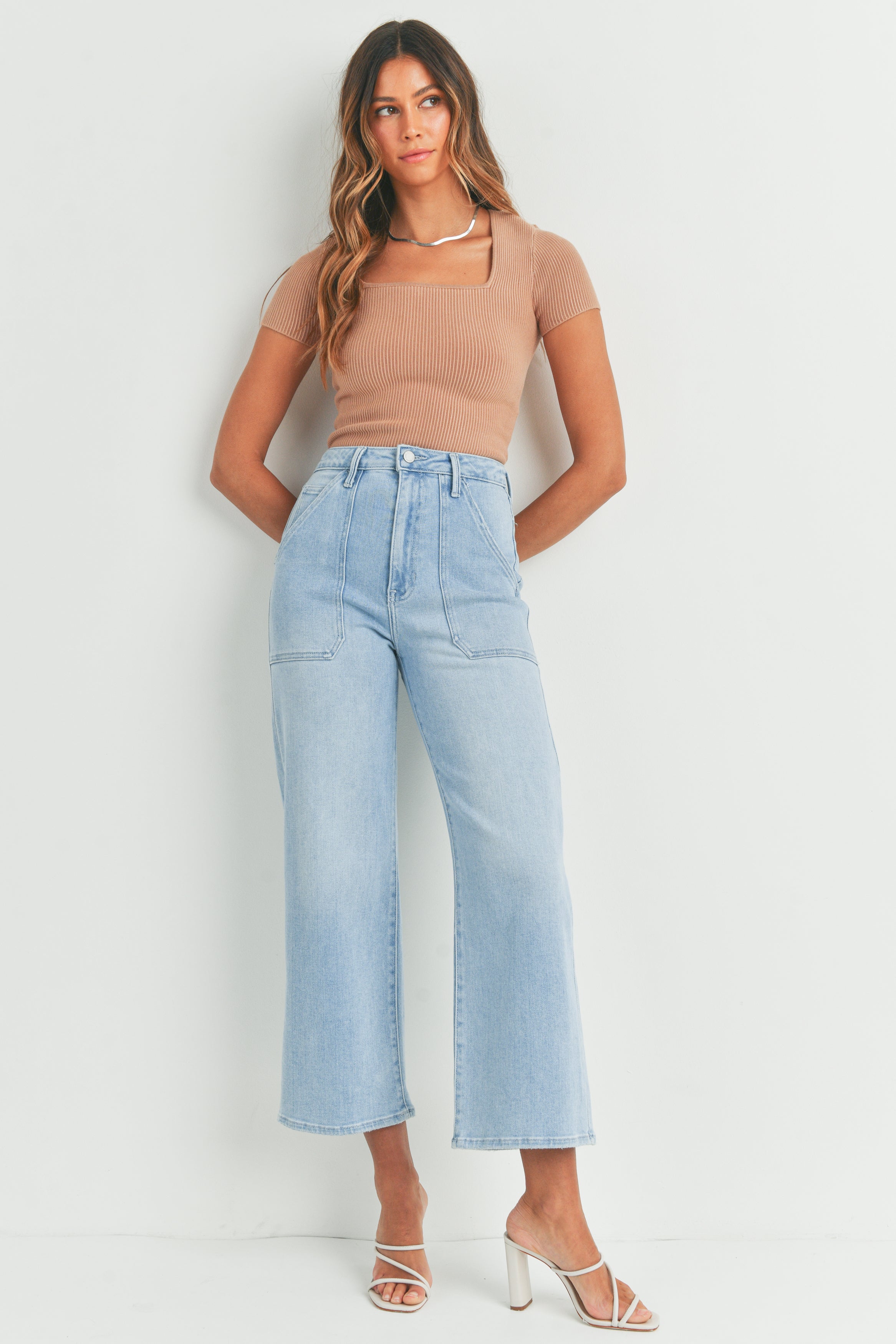 High Rise Cargo Pocket Wide Leg Jeans Light Denim