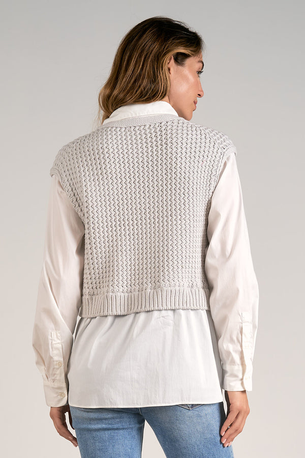 Woven Two Fer Collared Shirt Sweater