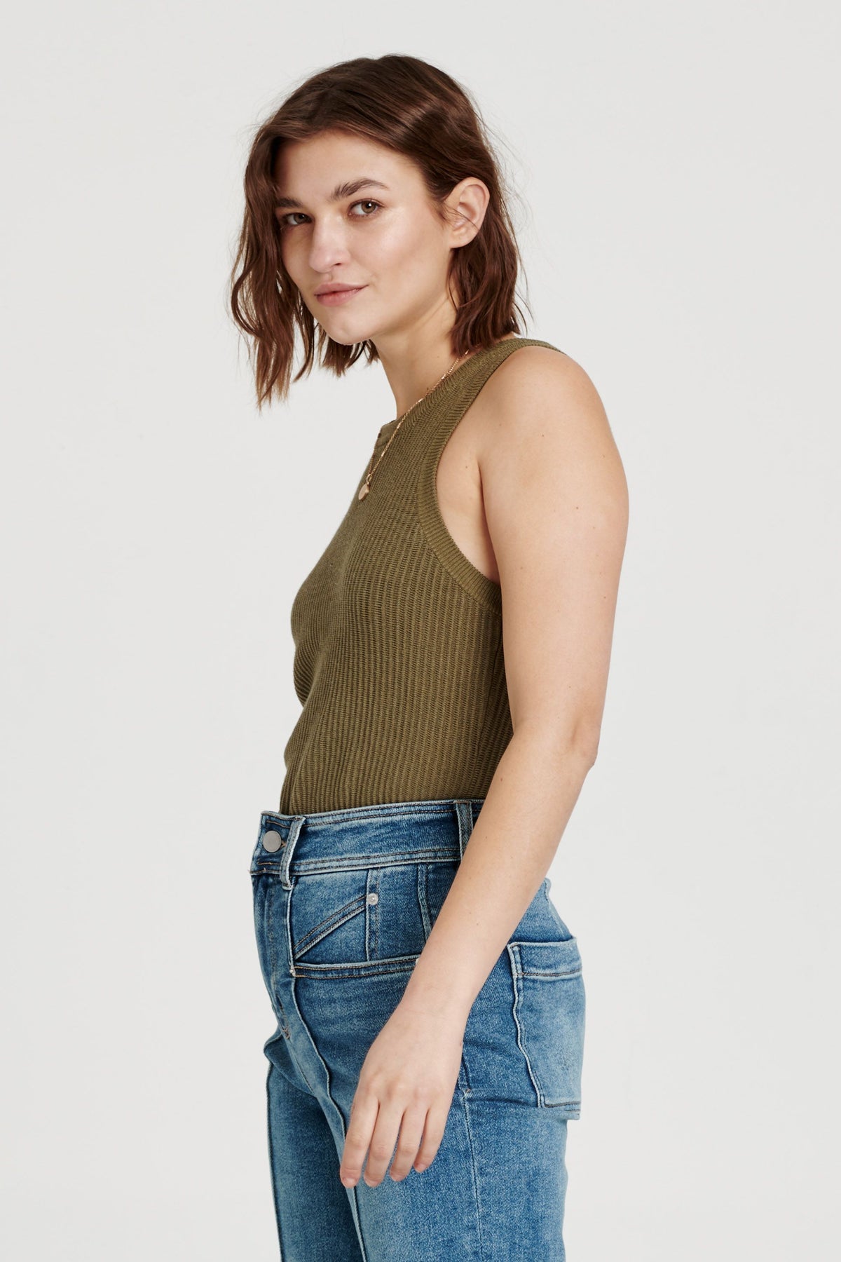 Cora High Neck Ribbed Tank Laurel Oak