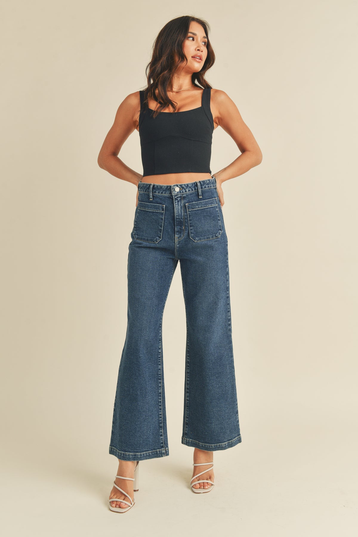 Patch Pocket Wide Leg Jeans Dark Denim
