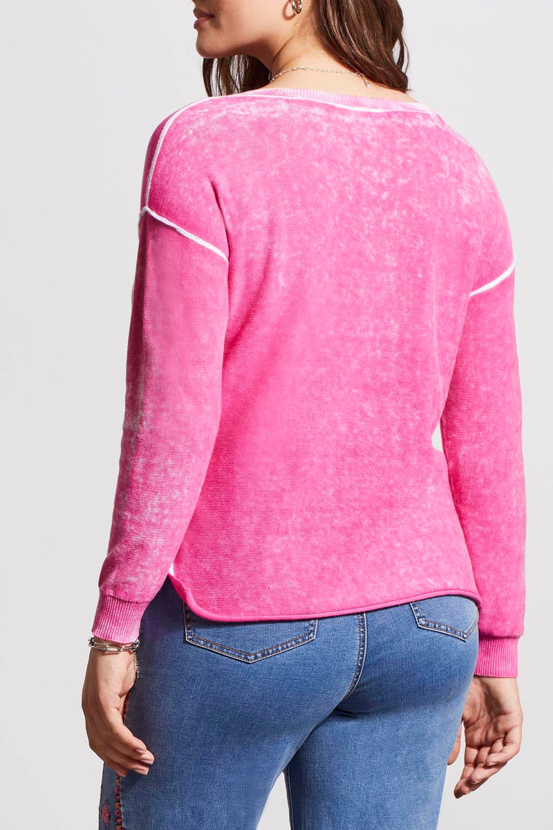 Washed Vneck Exposed Seam Sweater Top Hi Pink
