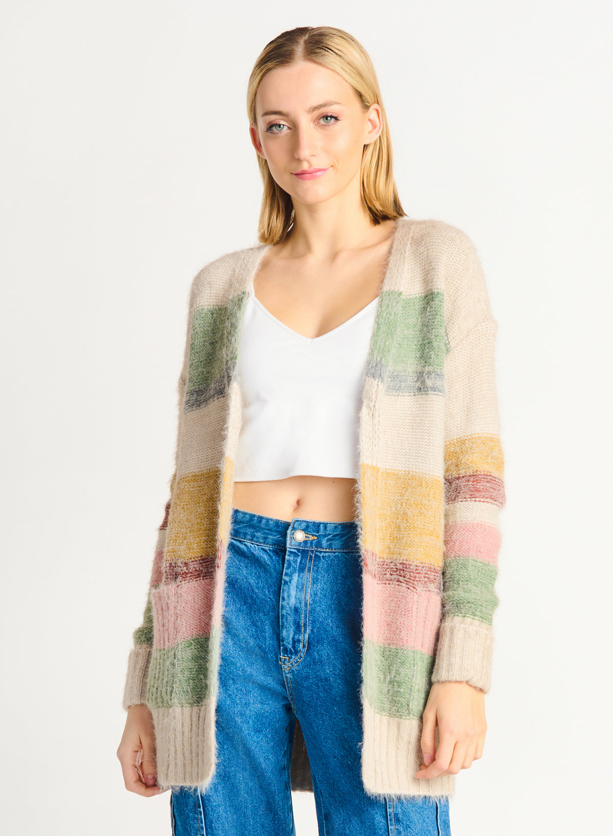 Eyelash Colorblock Striped Cardigan Oatmeal Multi