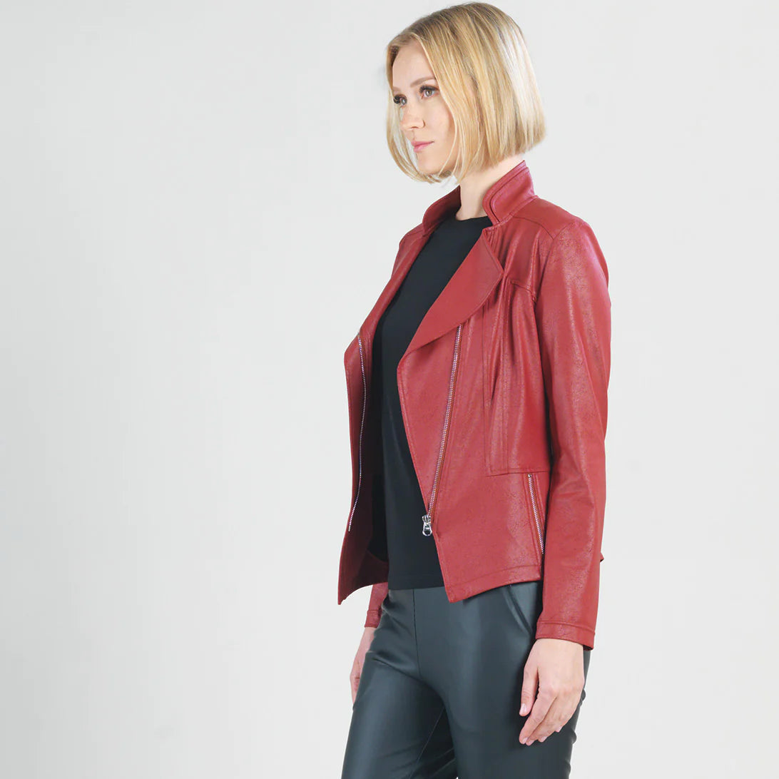 Classic Leather Knit Moto Jacket Ruby