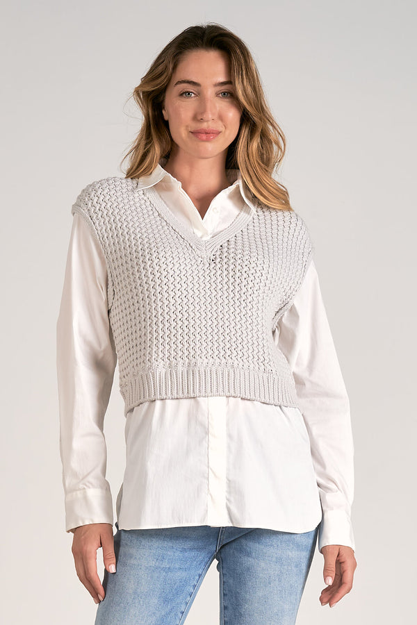 Woven Two Fer Collared Shirt Sweater