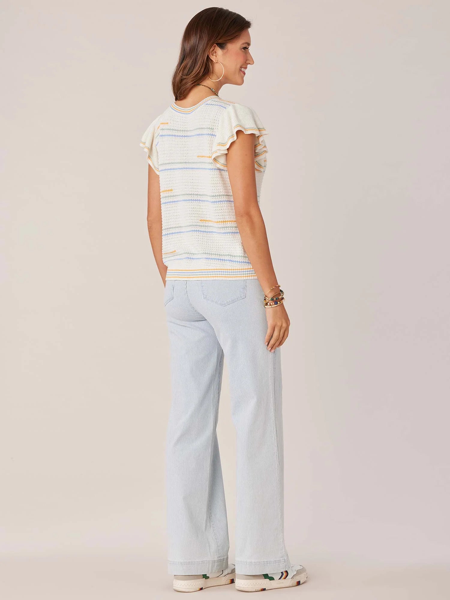 Short Flutter Sleeve Broken Stripe Sweater Top Off White