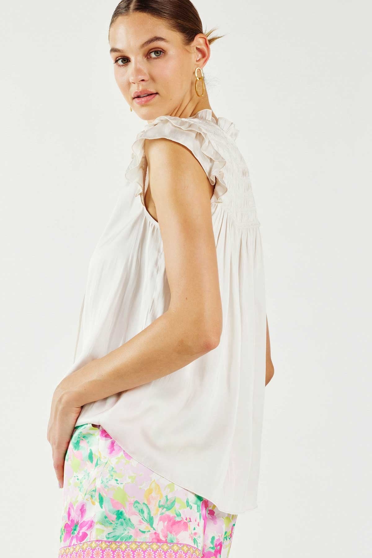Flutter Sleeve Ruffled Split Neck Smocked Yoke Blouse Pearl