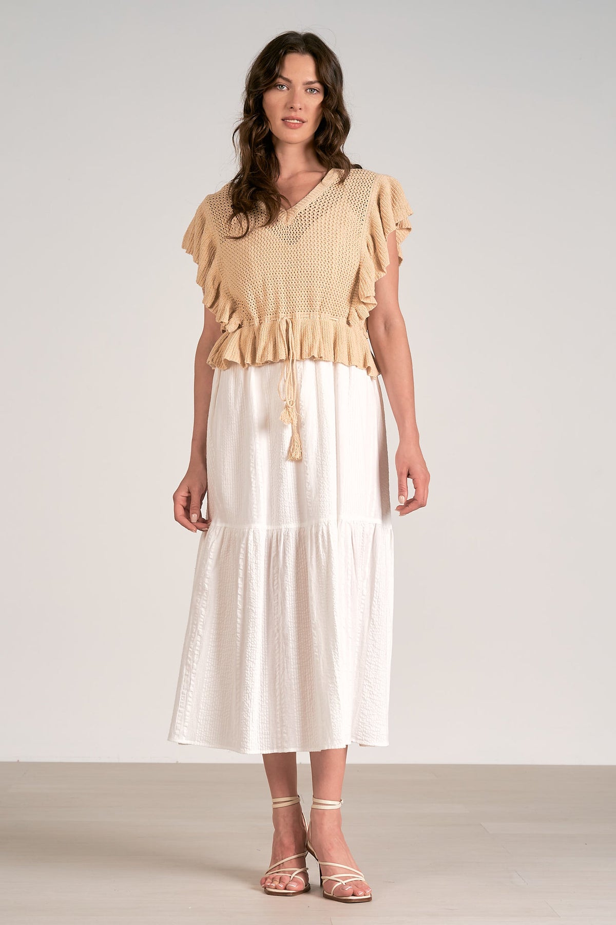 Ruffle Sweater Top Tiered Midi Dress Beige