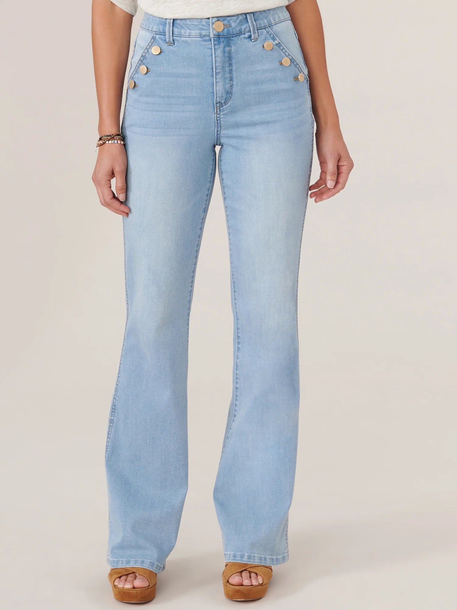 Skyrise Button Hip Long Flare Jean Powder Blue Artisanal