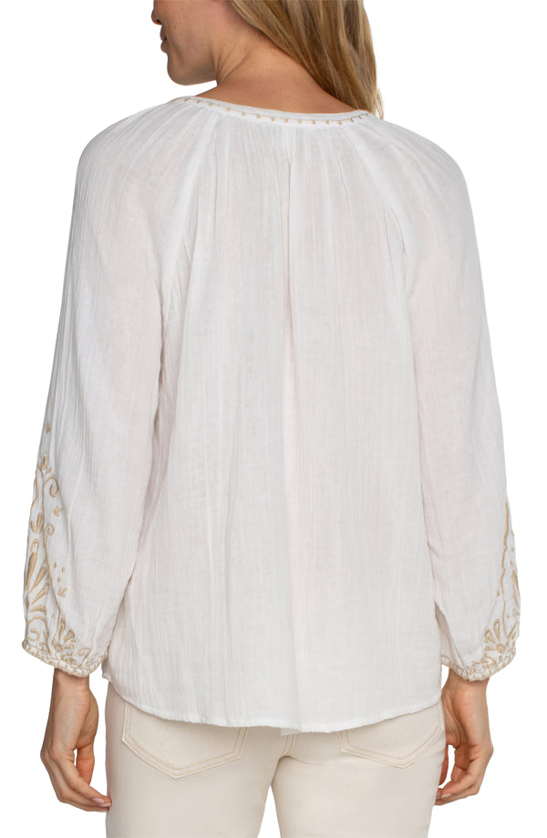 Embroidered Double Gauze Woven Top Off White + Tan