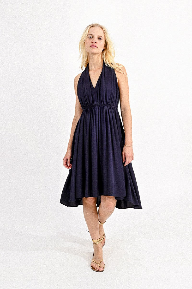 Pleated Halter Hi Low Dress Dark Navy